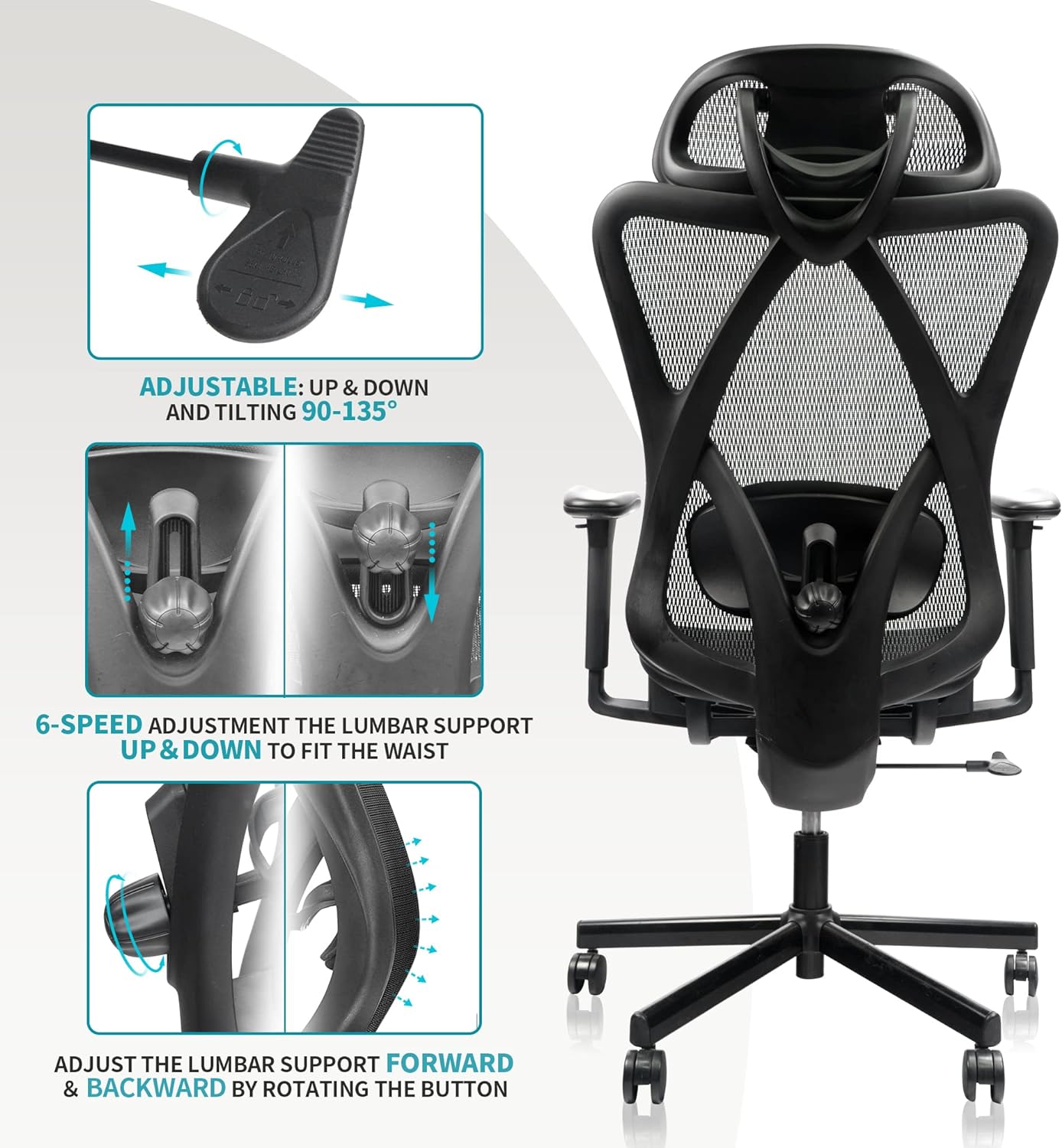 Mesh Office Chair,Ergonomic Office Chairs With Wheels,Adjustable Lumbar Support,Armrest,Headrest-Tilt High Back Desk Chair With Mute Wheel For Office, Home, Gaming