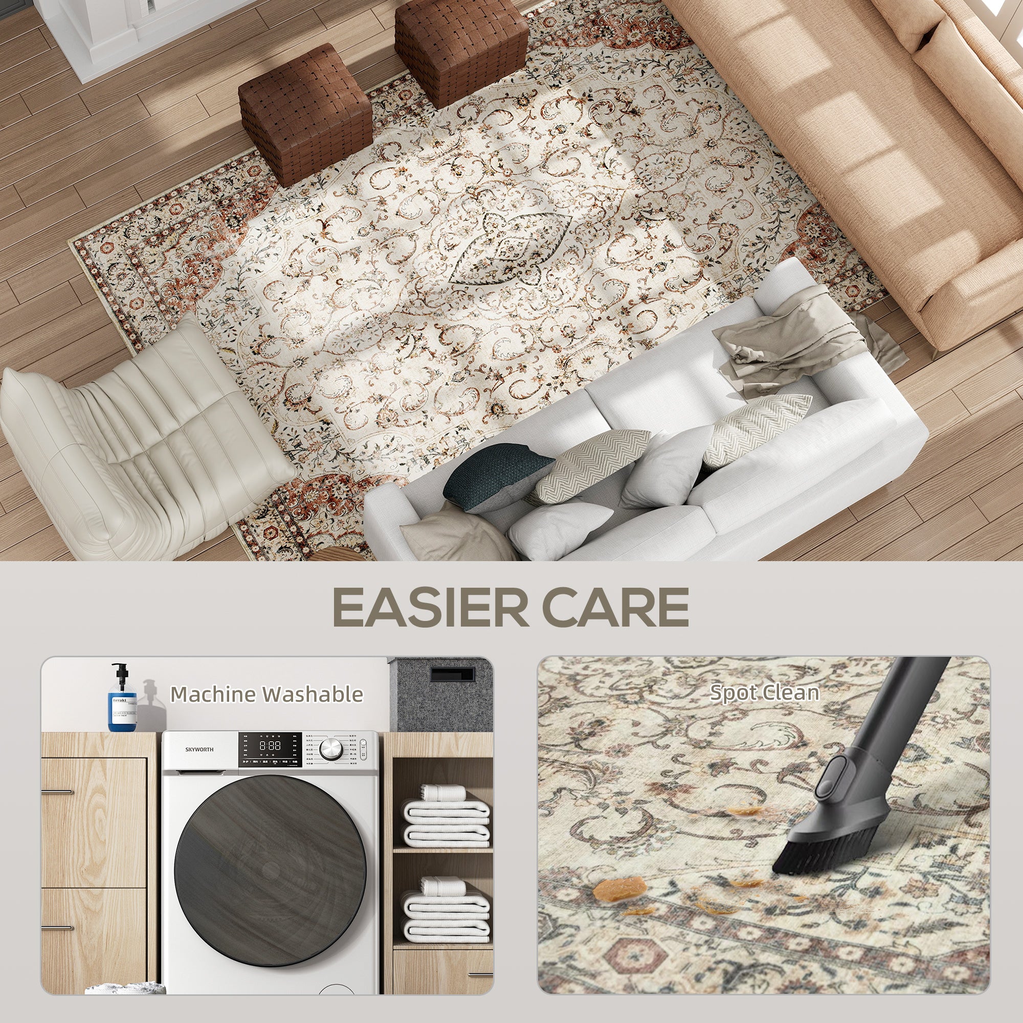 Area Rug 8x10, Machine Washable Rug, Non-Slip Classical Floral Print Floor Carpet For Living Room, Bedroom, Mixed-Brown