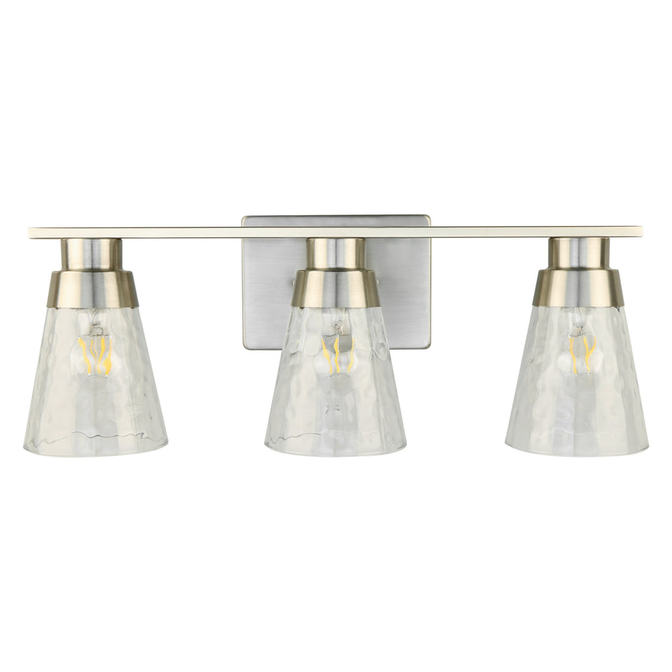 3 Light Brushed Nickel Bathroom Vanity Light Fixtures With Clear Hammered Glass Shade, 22 Inch Bathroom Lighting Fixtures Over Mirror, For Bathroom Shower Toilet