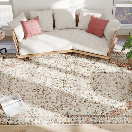 Area Rug 8x10, Machine Washable Rug, Non-Slip Classical Floral Print Floor Carpet For Living Room, Bedroom, Mixed-Brown