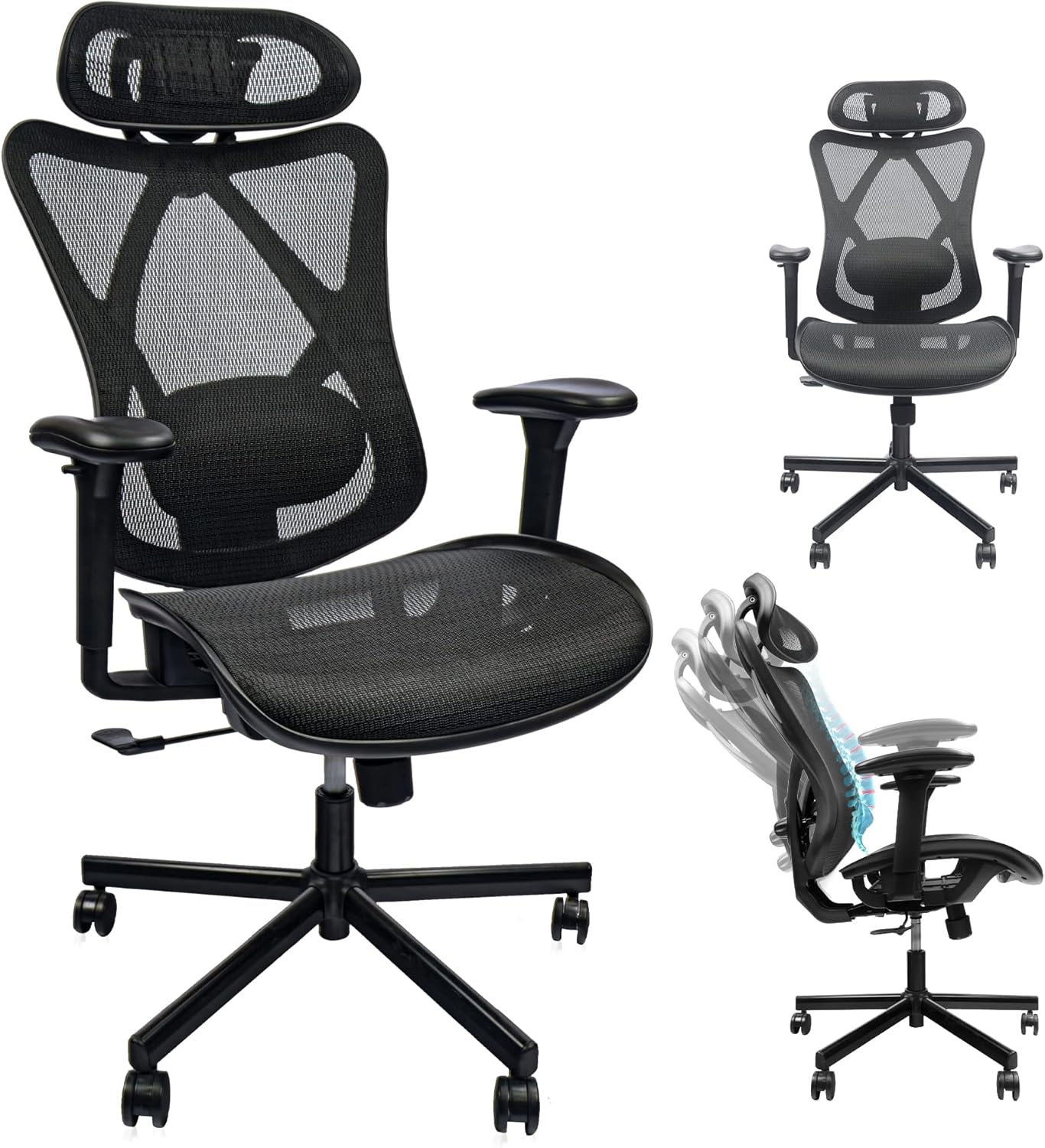 Mesh Office Chair,Ergonomic Office Chairs With Wheels,Adjustable Lumbar Support,Armrest,Headrest-Tilt High Back Desk Chair With Mute Wheel For Office, Home, Gaming