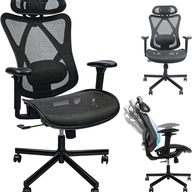 Mesh Office Chair,Ergonomic Office Chairs With Wheels,Adjustable Lumbar Support,Armrest,Headrest-Tilt High Back Desk Chair With Mute Wheel For Office, Home, Gaming
