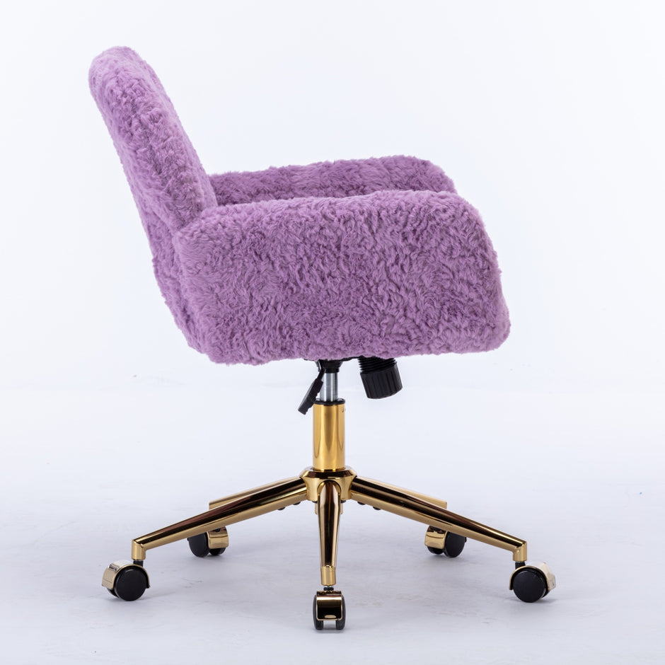 A&A Furniture Office Chair,Artificial Rabbit Hair Home Office Chair With Golden Metal Base,Adjustable Desk Chair Swivel Office Chair,Vanity Chair Violet