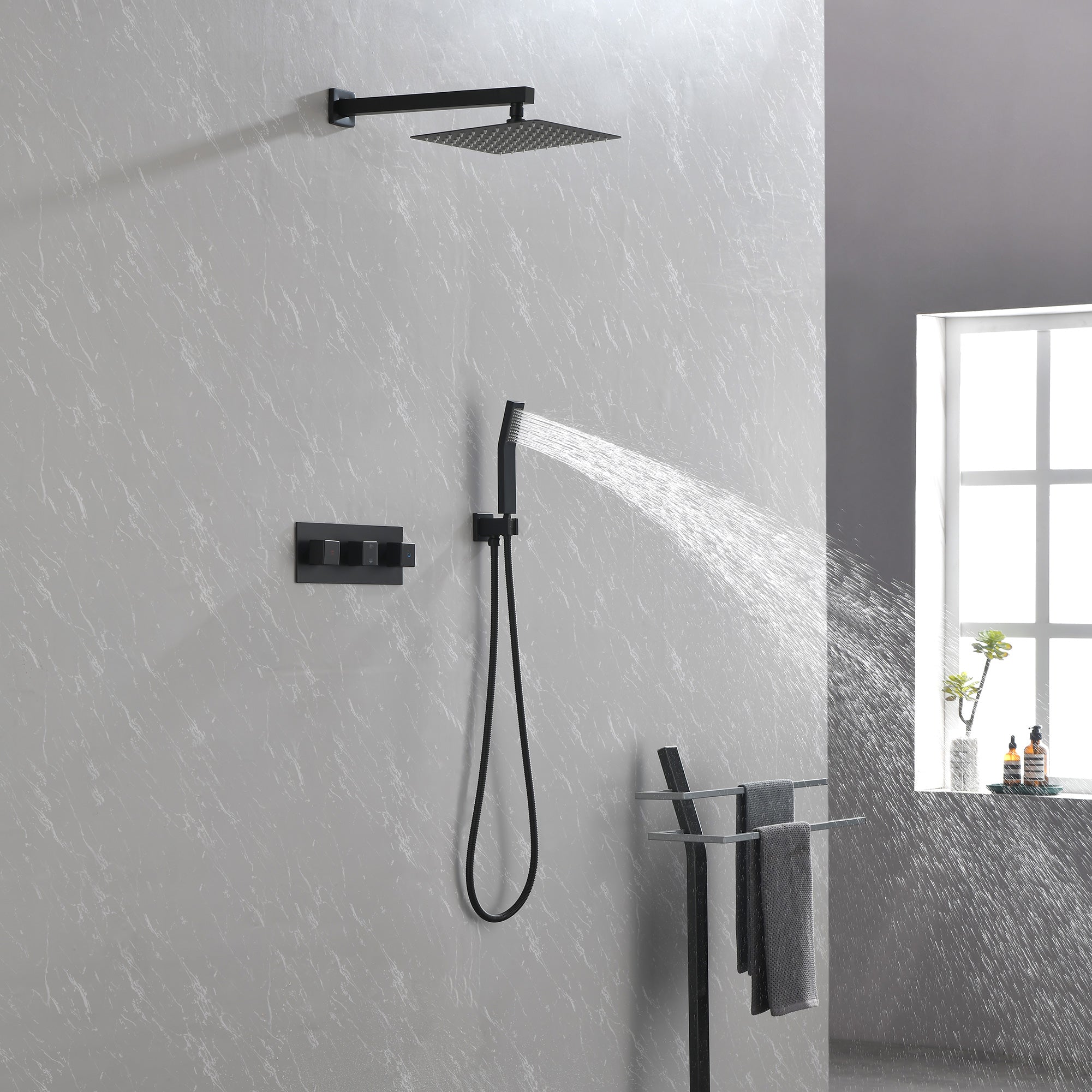 Brass Matte Black Shower Faucet With Shower System,10 Inch Shower Head And Handheld Spray Bathroom Combination