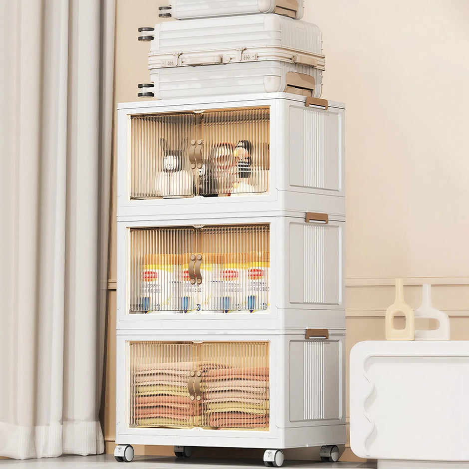 BEEZORT-CJ 3Pcs Foldable Storage Bins With Lid Front Magnetic Door Collapsible Stackable Closet Organizer Containers