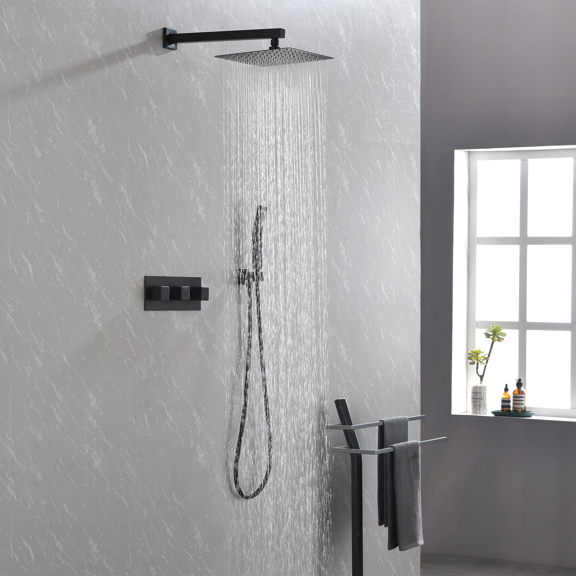 Brass Matte Black Shower Faucet With Shower System,10 Inch Shower Head And Handheld Spray Bathroom Combination
